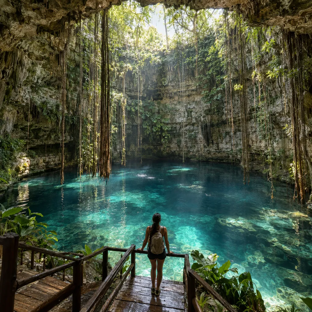A traveler seen from behind looking over a cenote with hanging roots and shafts of sunlight