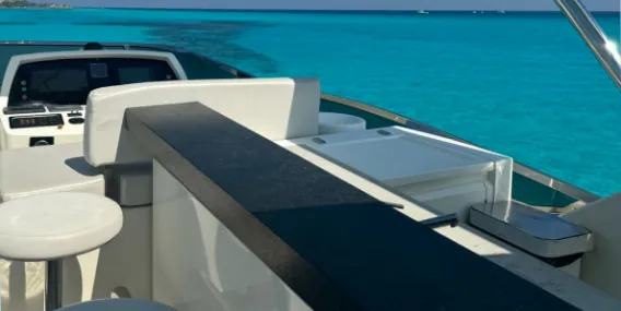 Upper deck of the yacht overlooking the turquoise sea