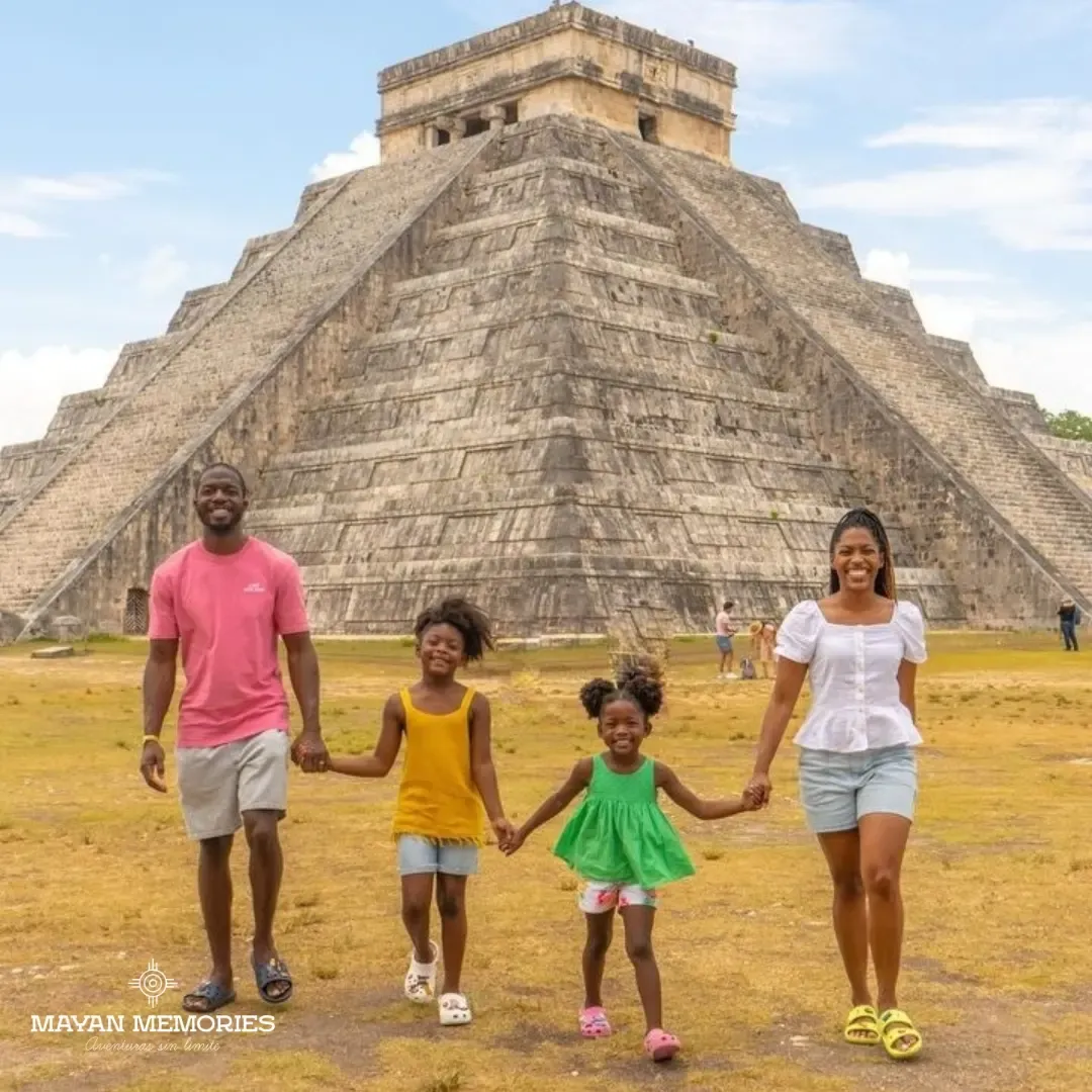 Family walking hand in hand in front of the Chichén Itzá pyramid