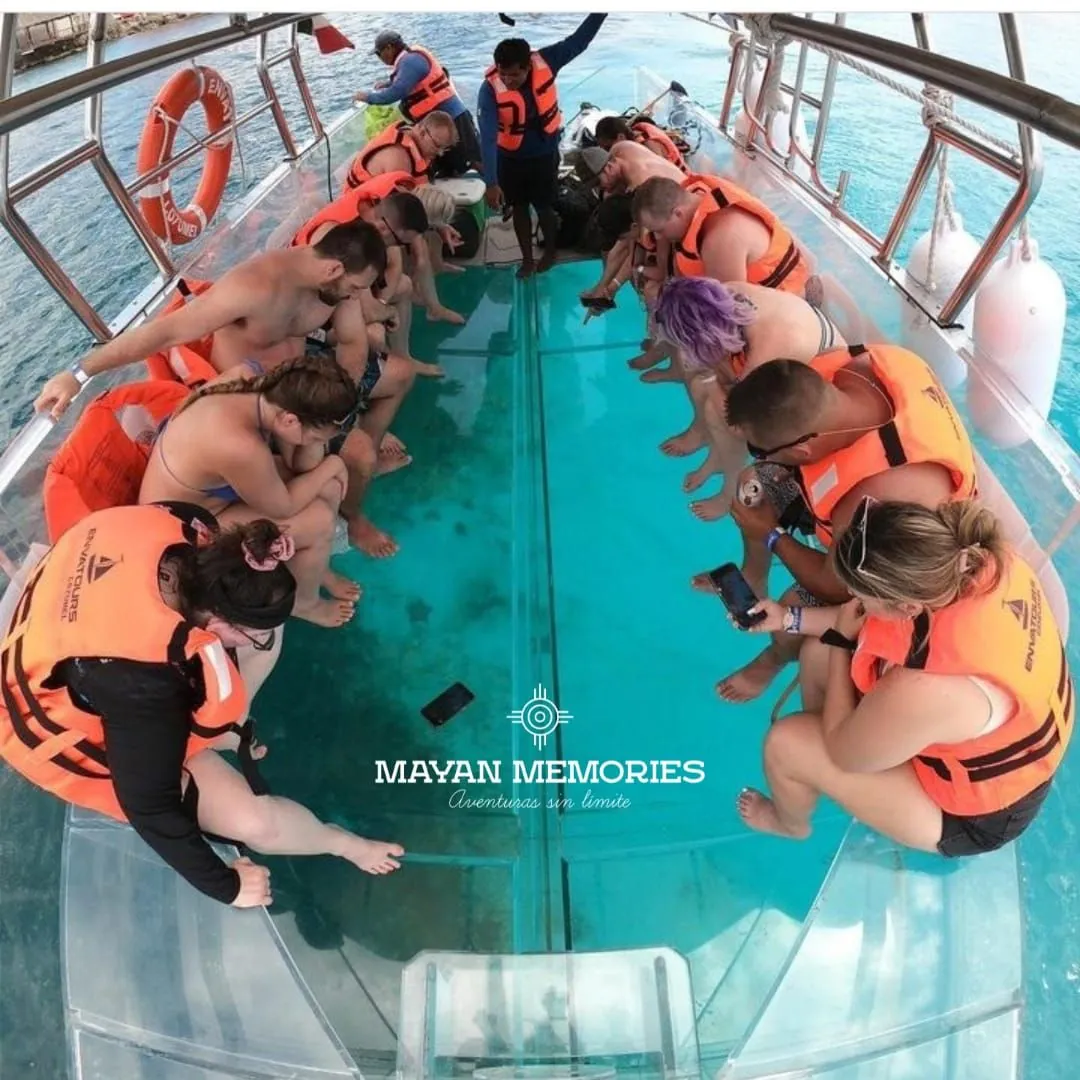 Group in life jackets on the Clear Boat seen from above