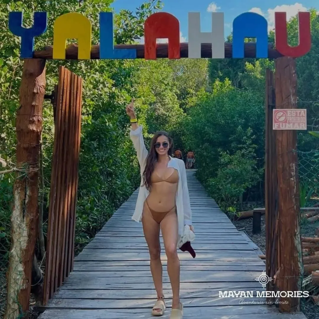 Woman on a wooden boardwalk through the mangroves
