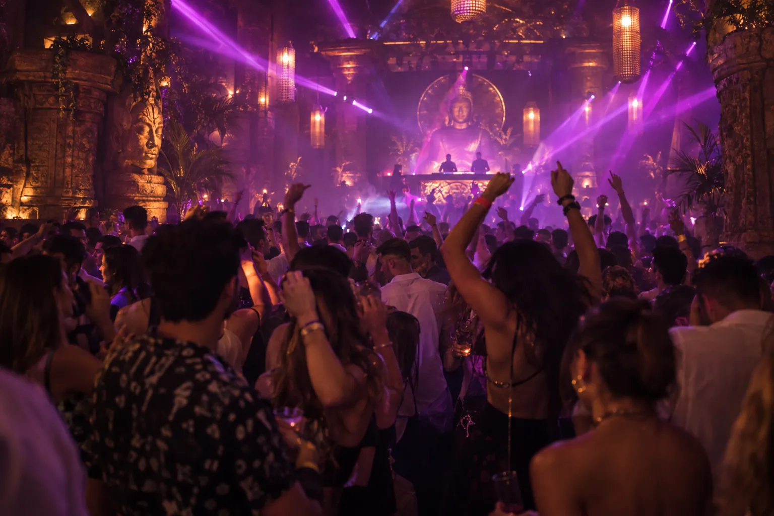 People dancing with their arms up on a packed dance floor under purple lights, the DJ in the background