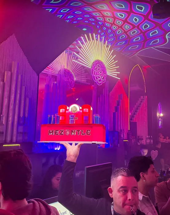DJ booth lit with neon at Mezontle