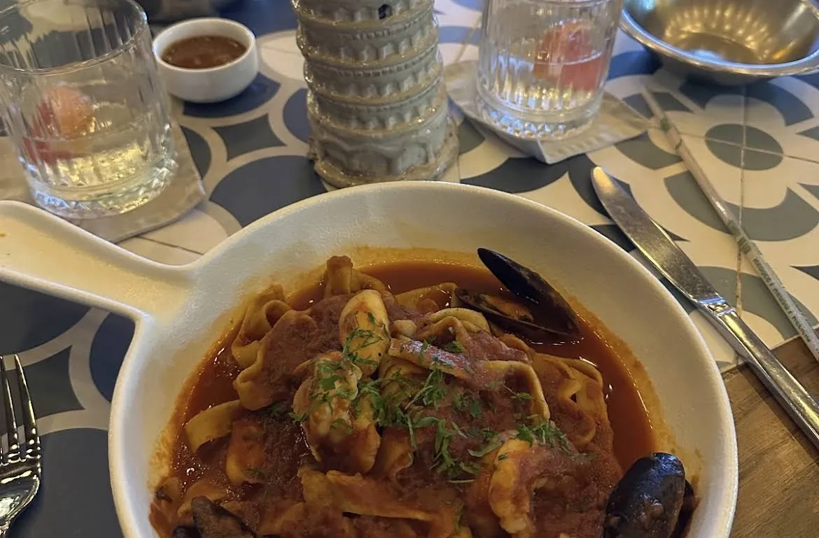Seafood pasta with mussels in a deep bowl