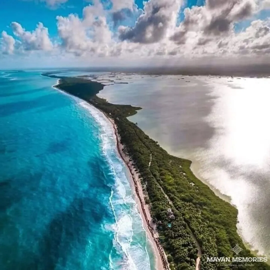 Aerial view of the Sian Ka'an coast between lagoon and sea