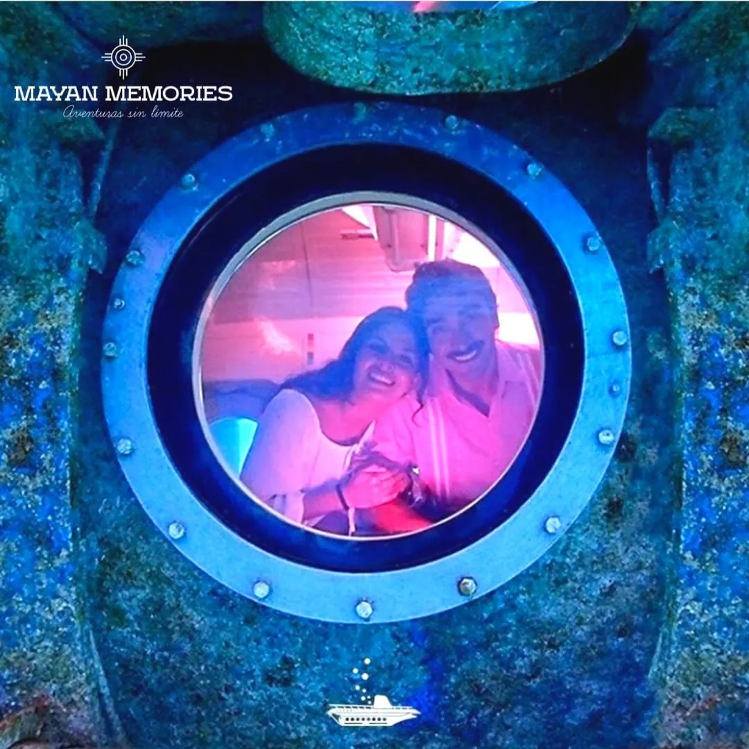 Passengers seen from the sea through a round submarine porthole
