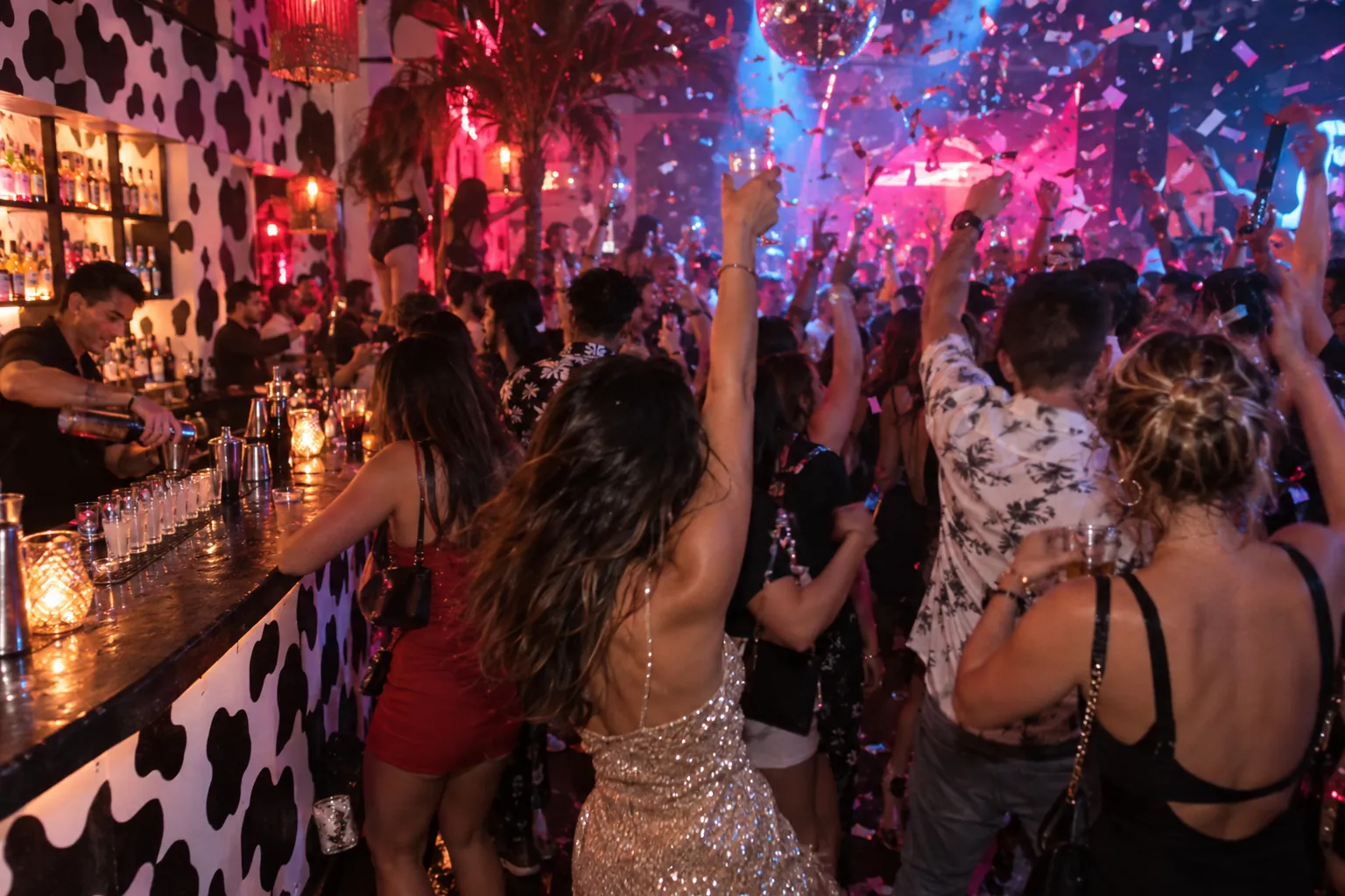 Friends toasting and dancing under falling confetti beside a cow-print bar